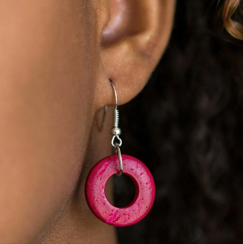 Paparazzi Waikiki Winds Wooden Cranberry Disc Necklace And Earrings Set New - Picture 3 of 7